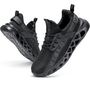 Furuian Mens Size 8.5 Wide Black Work Shoes Lace Up Round Steel Toe Shoes